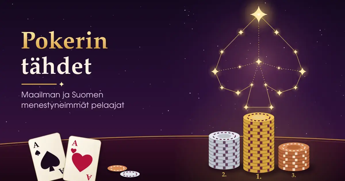 Kuvitus, jossa tähtitaivaalle piirtyy padan muotoinen kultainen tähtikuvio voittajan pelimerkkipinon yläpuolelle, pöydällä kulta-, hopea- ja pronssinväriset pelimerkkipinot sijoille 1–3, kaksi ässää sekä teksti "Pokerin tähdet – Maailman ja Suomen menestyneimmät pelaajat".